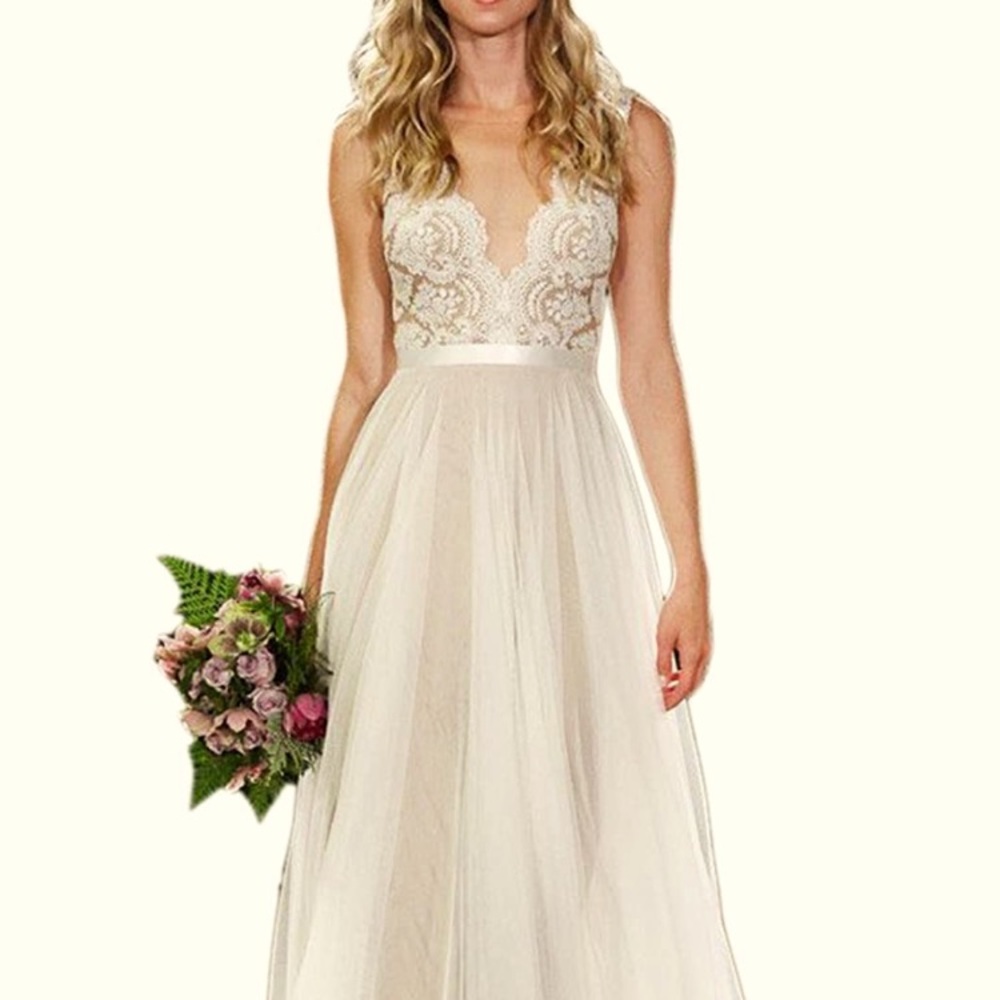 V-Neck A-line Lace Tulle Long Beach Wedding Dress